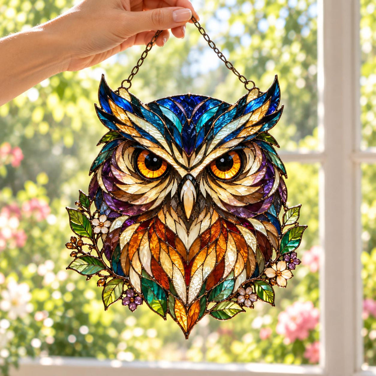 Woodland Owl Window Hanging - Acrylic Stained Glass Style Bird Decor - image 6