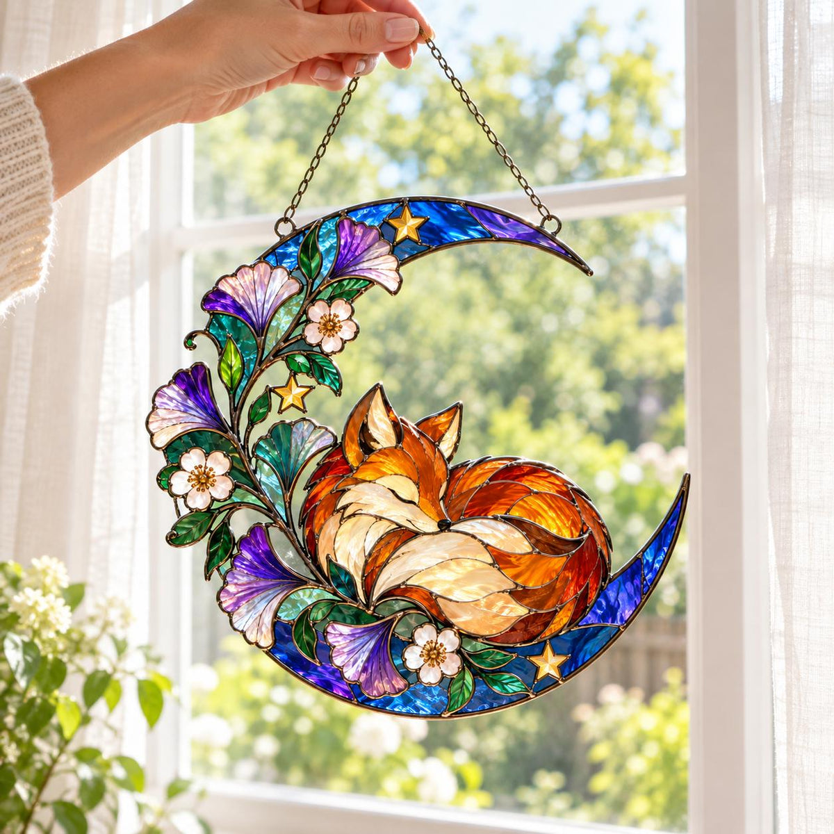 Sleeping Fox Moon Suncatcher - Acrylic Woodland Window Hanging - image 5