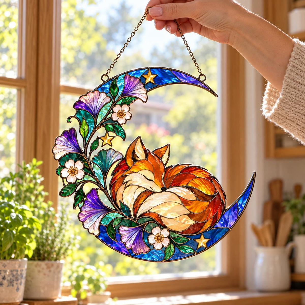 Sleeping Fox Moon Suncatcher - Acrylic Woodland Window Hanging - image 2