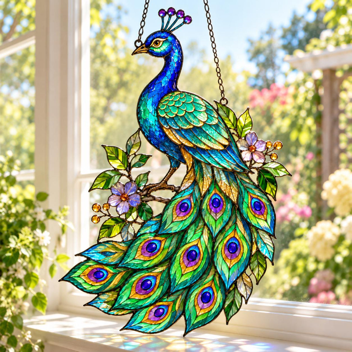 Peacock Acrylic Suncatcher - Tiffany Style Bird Window Hanging - image 3