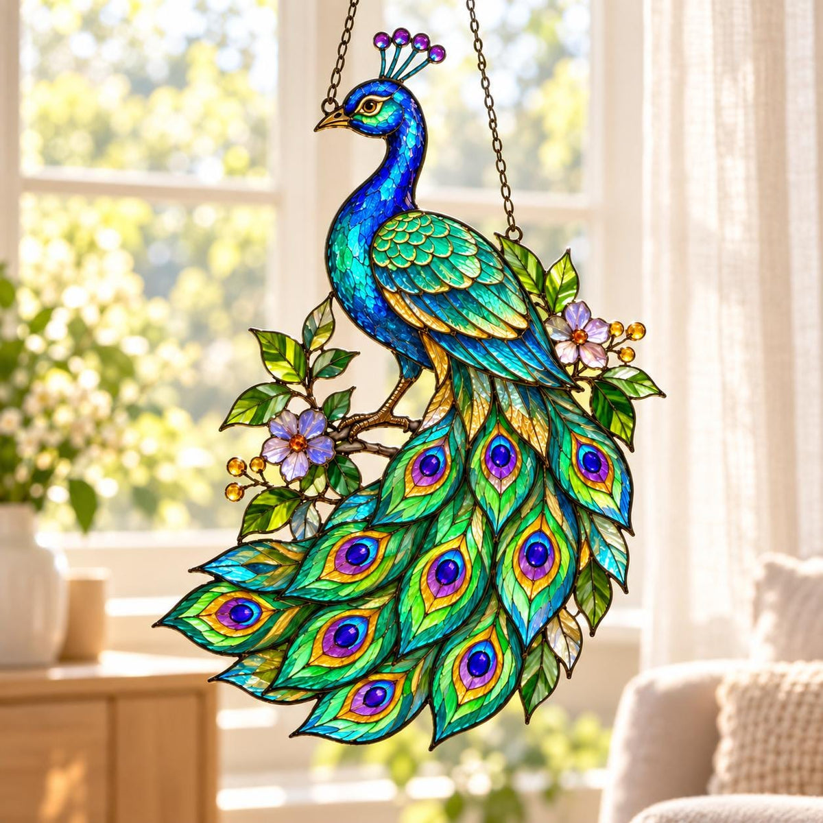 Peacock Acrylic Suncatcher - Tiffany Style Bird Window Hanging - image 5
