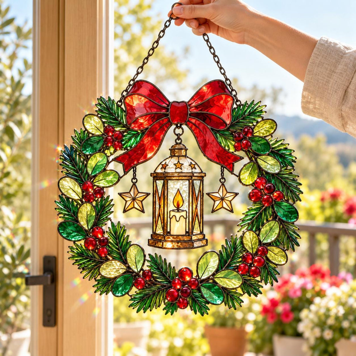 Christmas Lantern Wreath Suncatcher - Acrylic Stained Glass Window Hanging - image 6