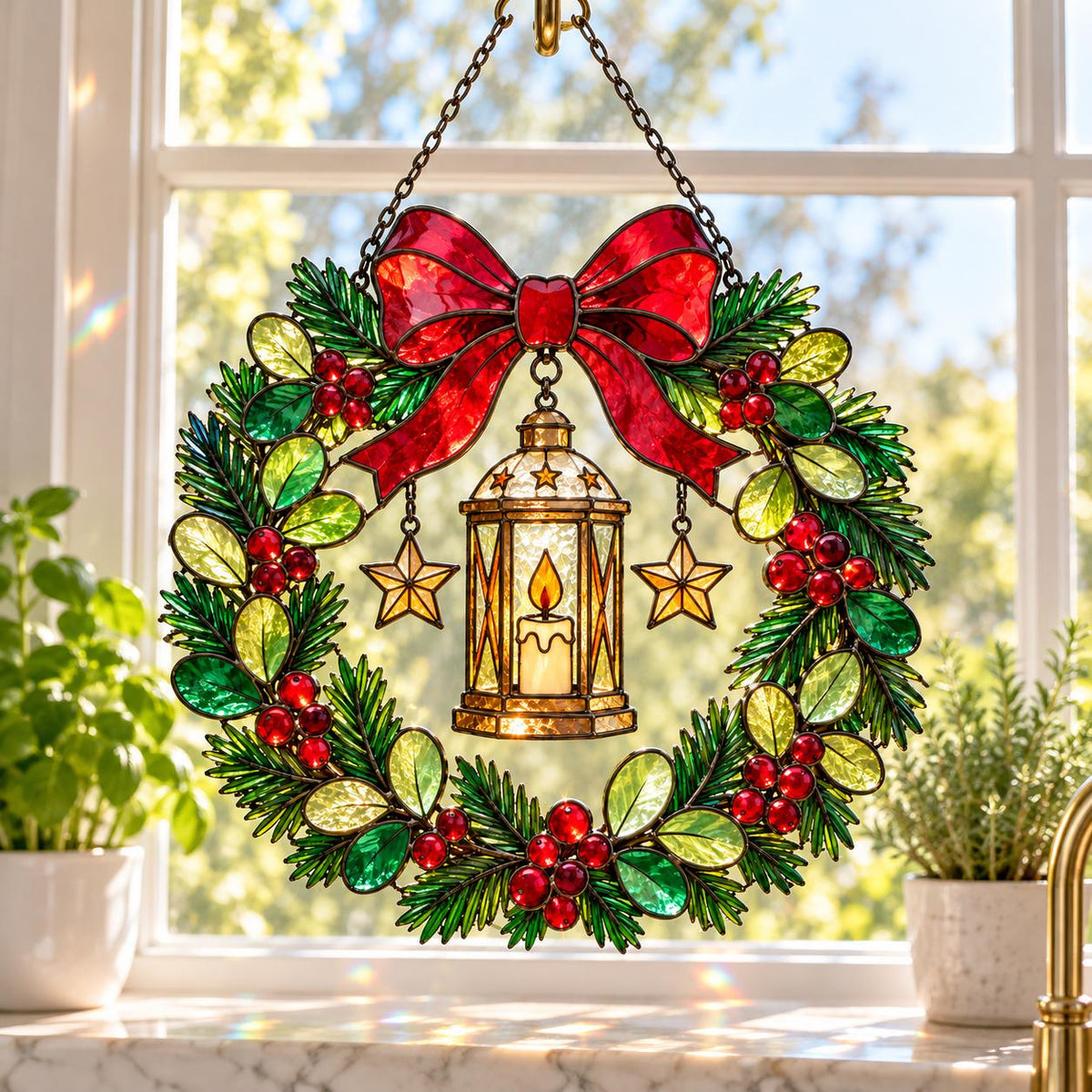Christmas Lantern Wreath Suncatcher - Acrylic Stained Glass Window Hanging - image 5