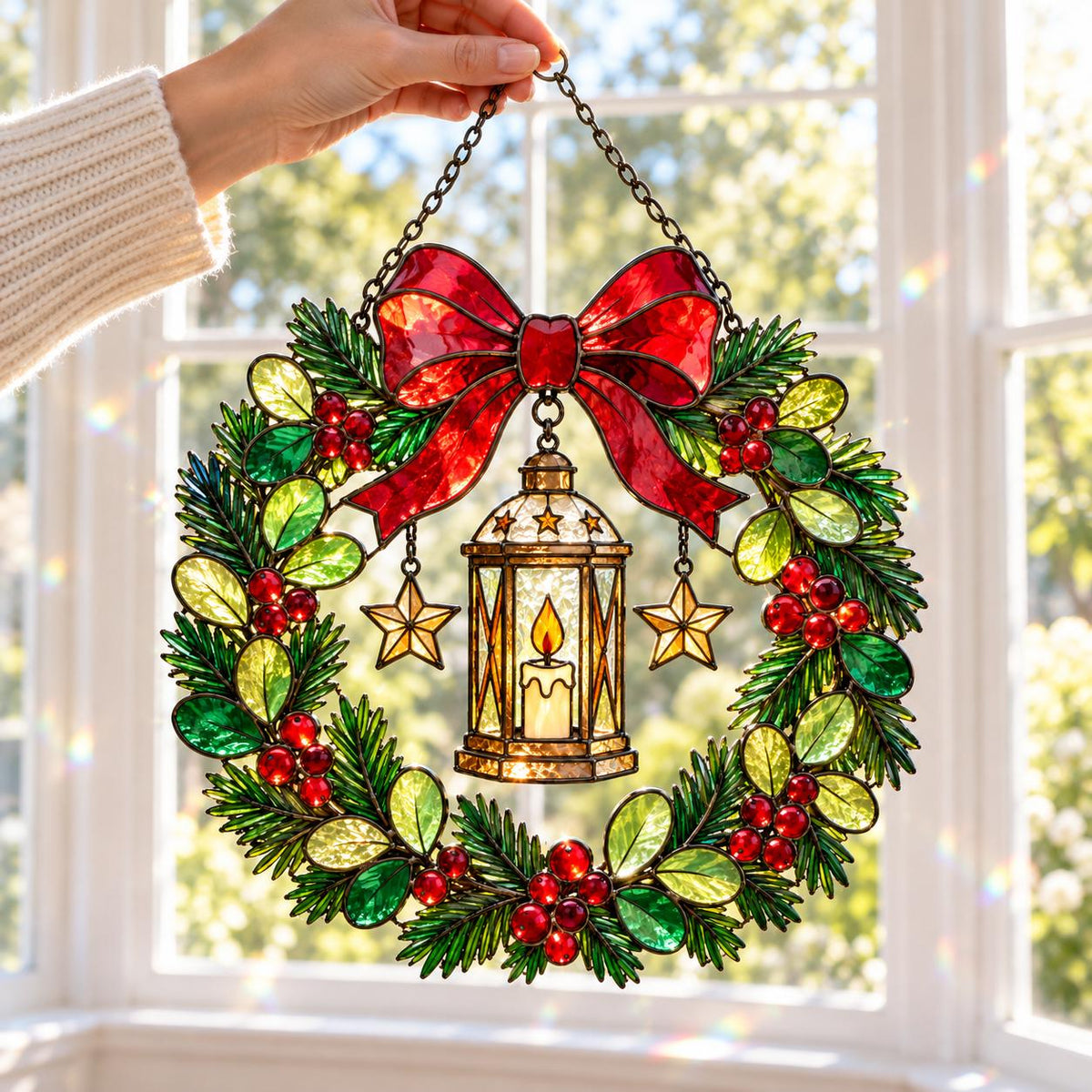 Christmas Lantern Wreath Suncatcher - Acrylic Stained Glass Window Hanging - image 4