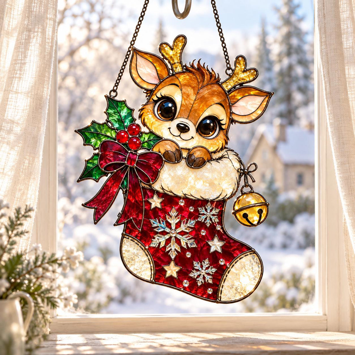 Reindeer Stocking Suncatcher - Acrylic Stained Glass Window Hanging - image 5