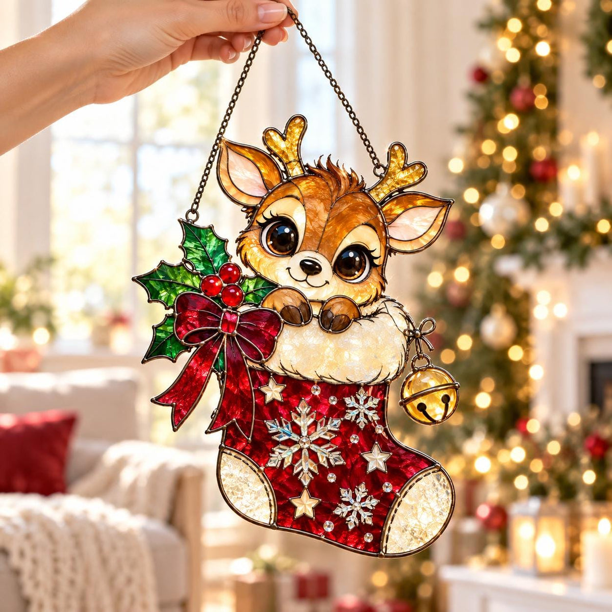 Reindeer Stocking Suncatcher - Acrylic Stained Glass Window Hanging - image 2