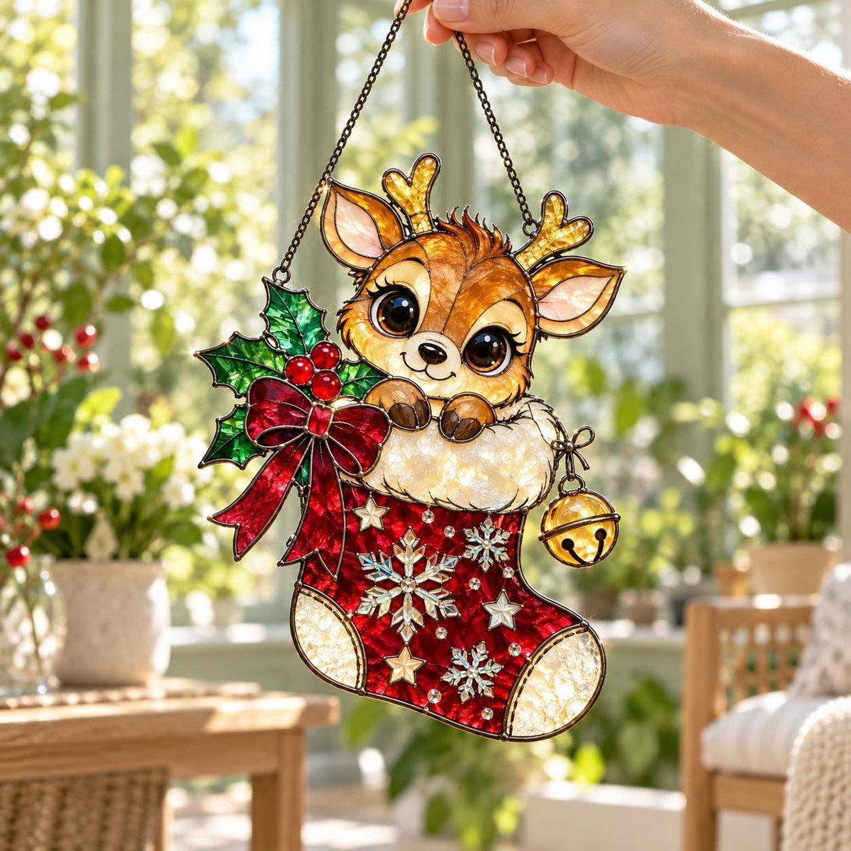 Reindeer Stocking Suncatcher - Acrylic Stained Glass Window Hanging - image 4