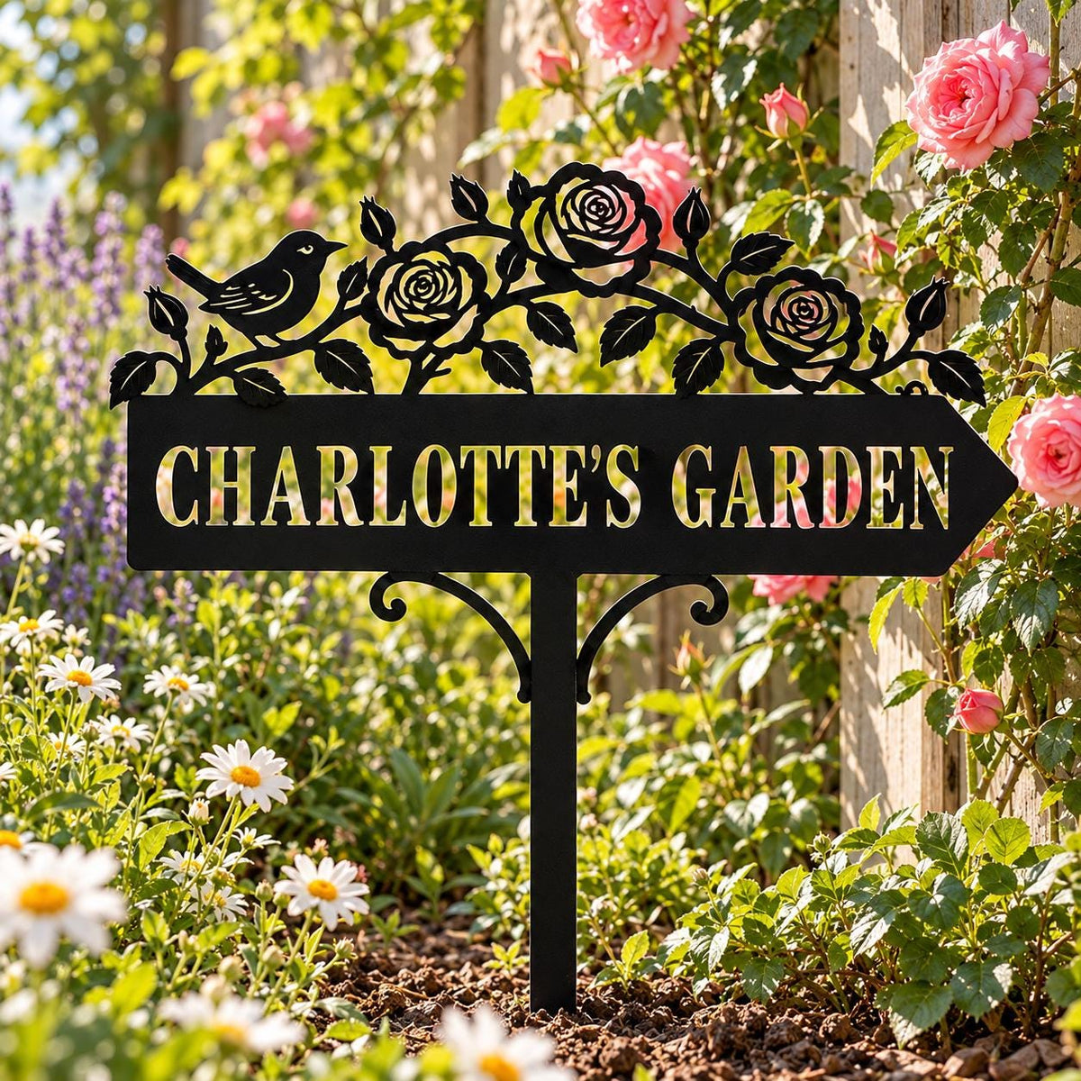 Rose Bird Garden Stake - Personalized Metal Garden Sign
