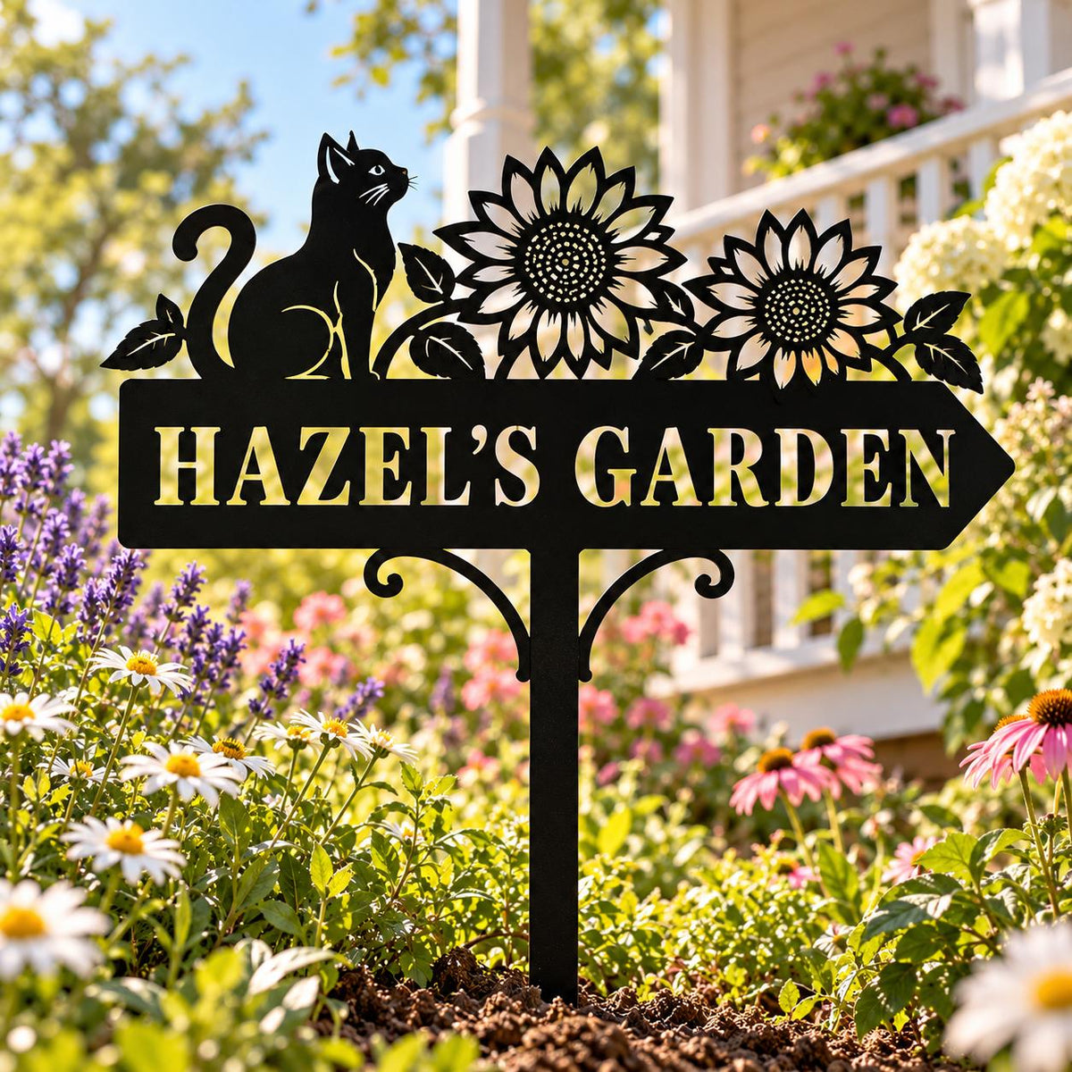 Sunflower Cat Garden Stake - Personalized Metal Garden Sign