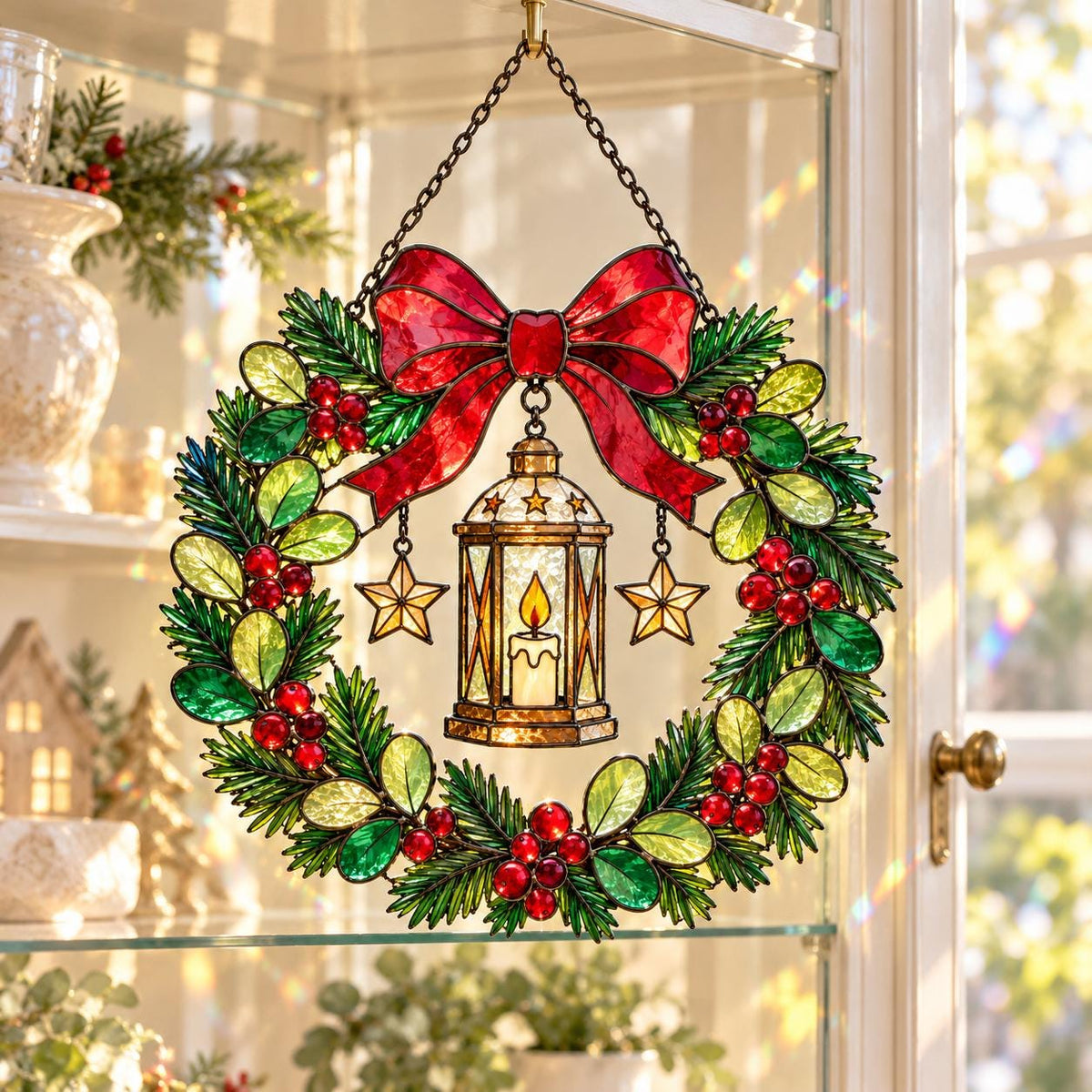 Christmas Lantern Wreath Suncatcher - Acrylic Stained Glass Window Hanging - image 3