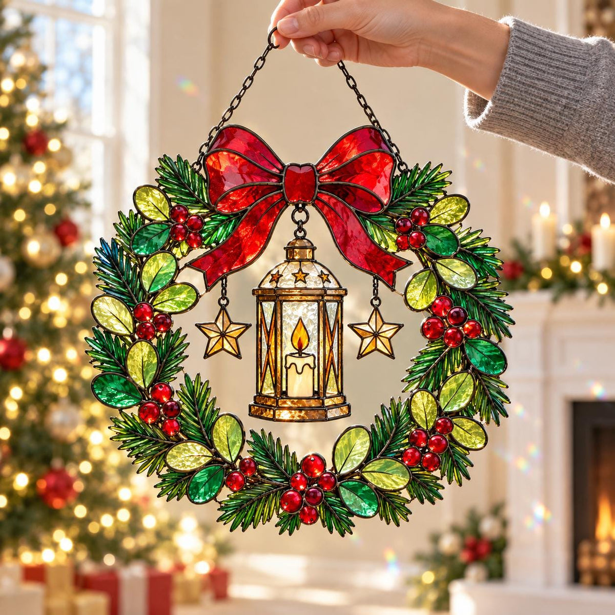 Christmas Lantern Wreath Suncatcher - Acrylic Stained Glass Window Hanging - image 2