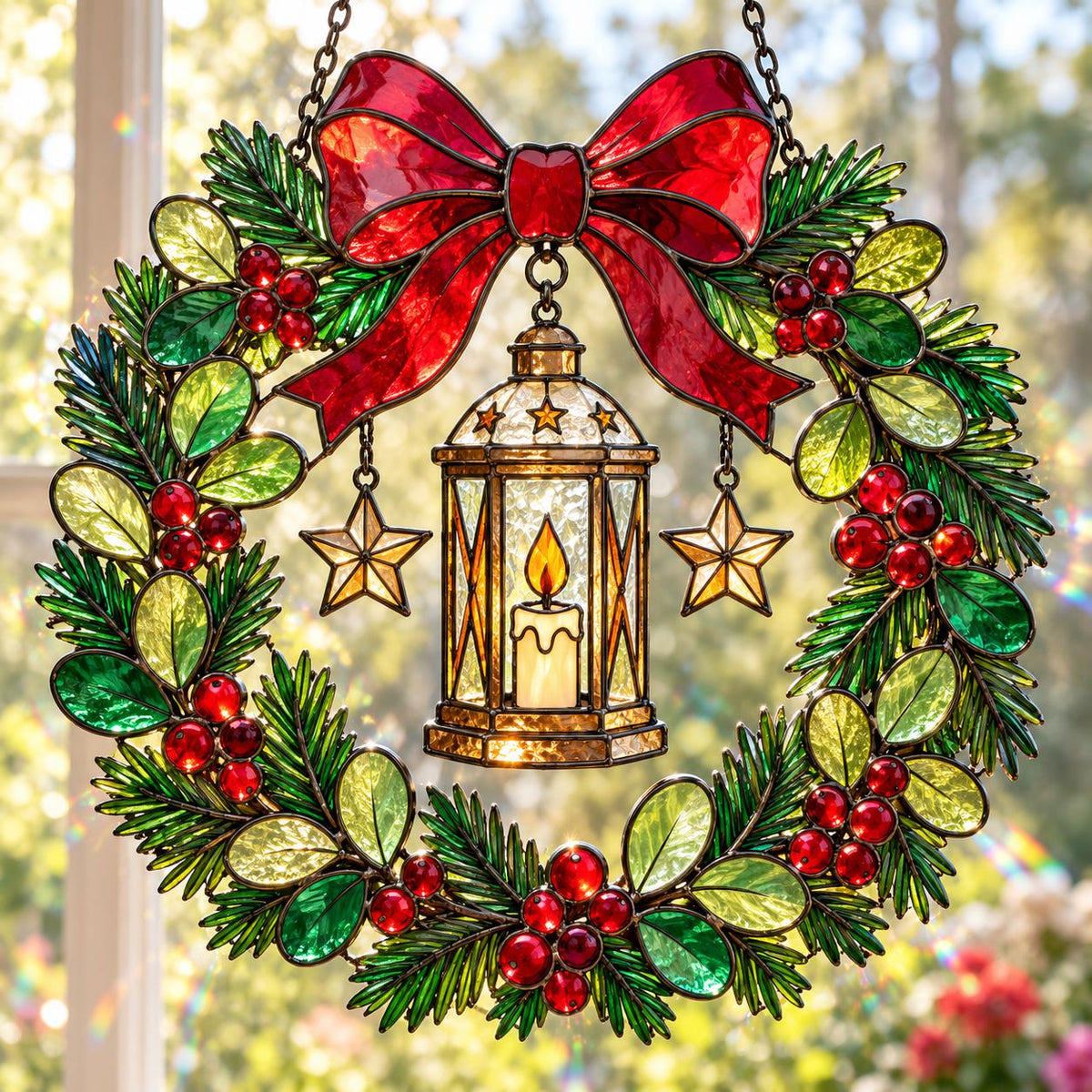 Christmas Lantern Wreath Suncatcher - Acrylic Stained Glass Window Hanging