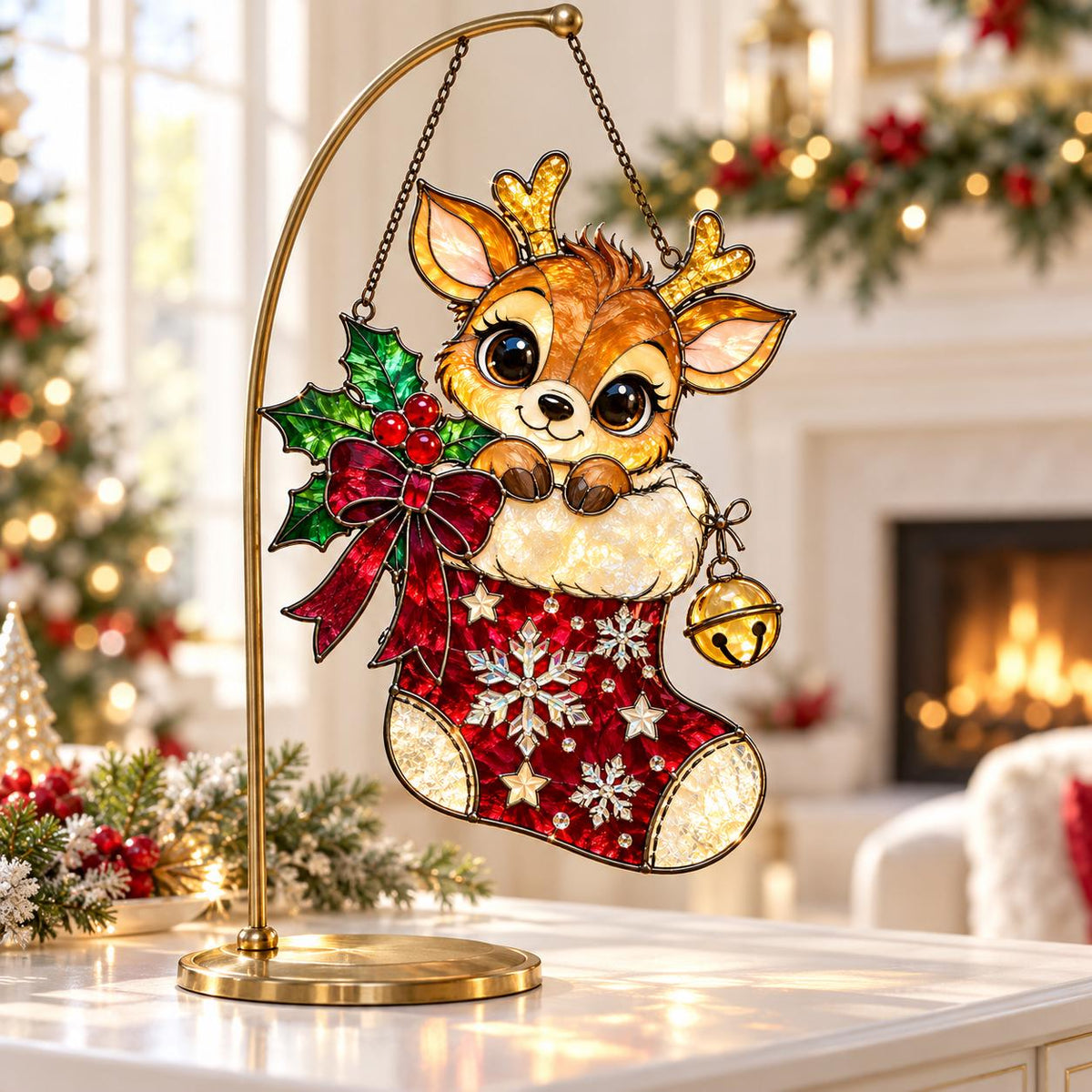 Reindeer Stocking Suncatcher - Acrylic Stained Glass Window Hanging - image 3