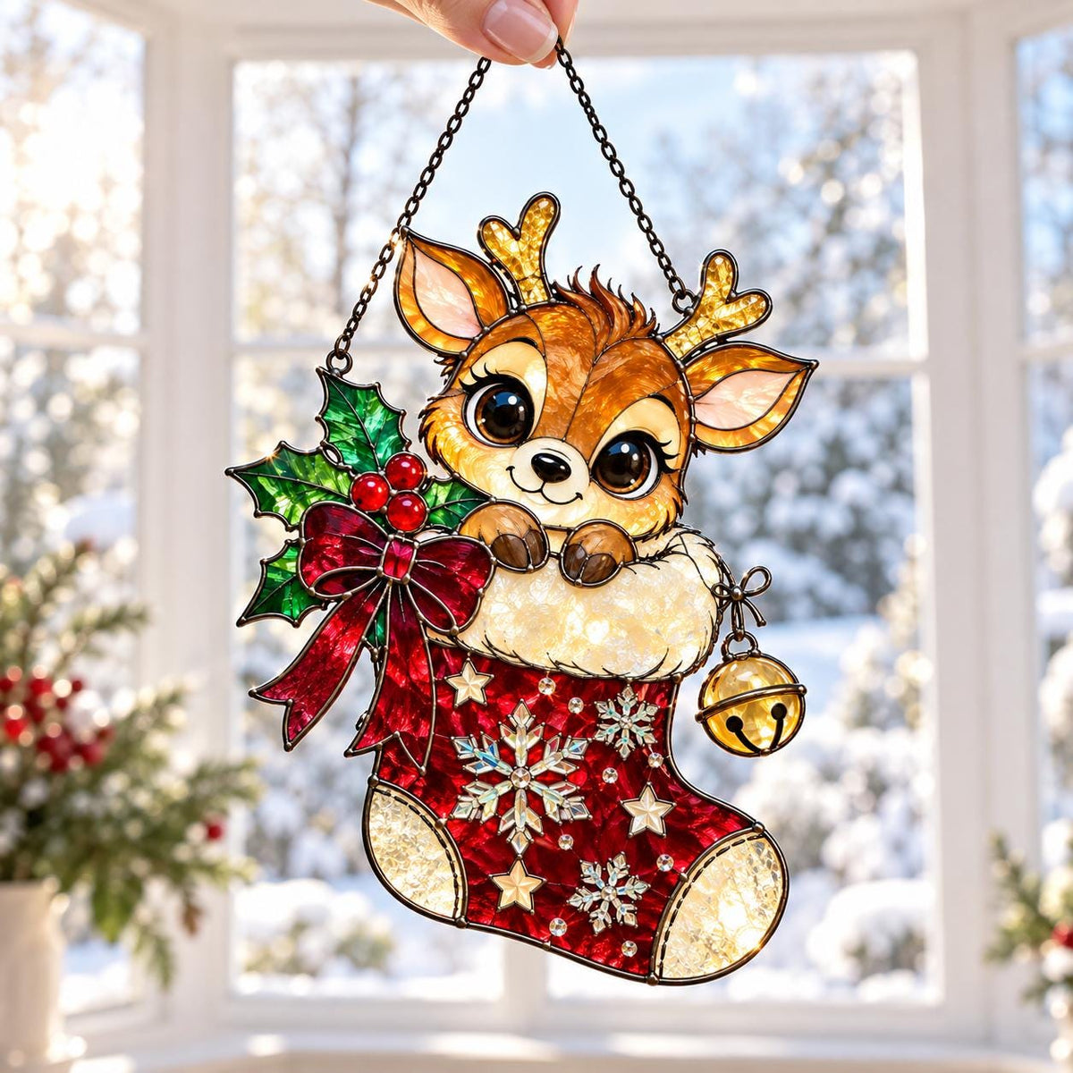 Reindeer Stocking Suncatcher - Acrylic Stained Glass Window Hanging - image 6
