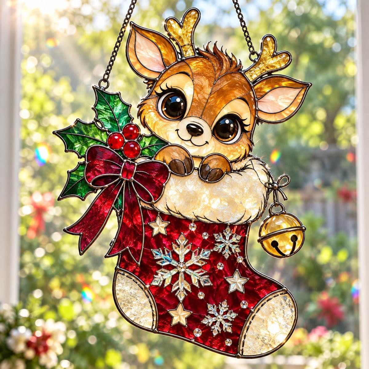 Reindeer Stocking Suncatcher - Acrylic Stained Glass Window Hanging